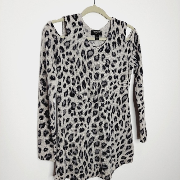 Charter Club 100% Cashmere Cold Shoulder Sweater Animal Leppard Print Small Gray - Picture 6 of 10